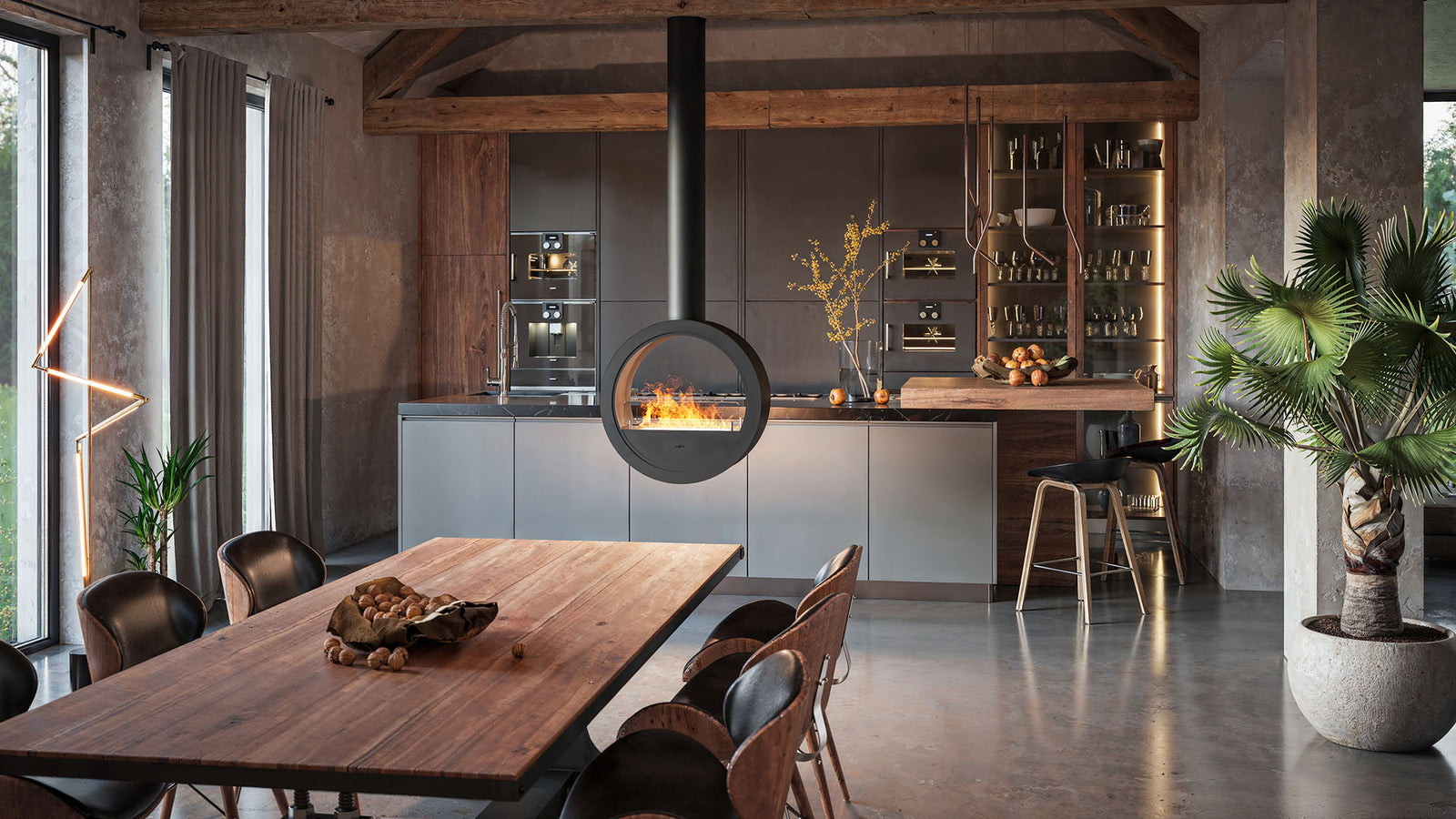 bioethanol-haengekamin-ethanolkamin-decke-deckenmontage-incycle-2side-infire-schwarz-kueche-offene-kochinsel-minimalistisch-esstisch-modern