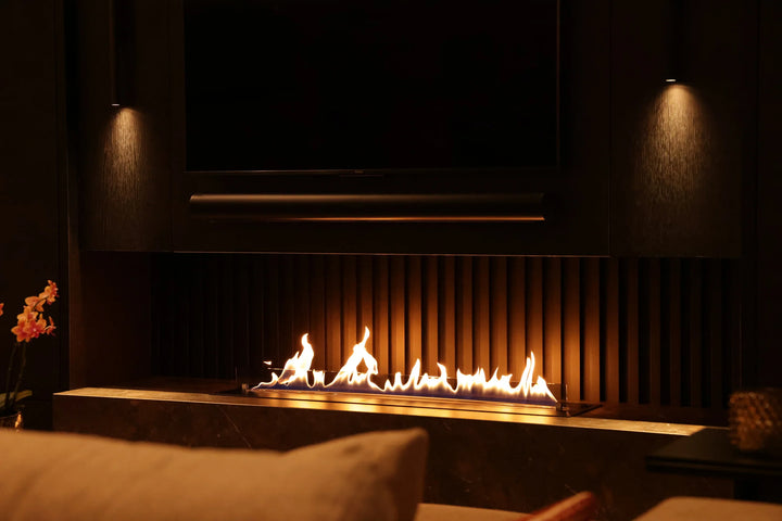 Bioethanol Einbau Brenner Kamin Ofen Fernbedienung A5 Wohnwand Trockenbau Fernseher Luxus Wohnzimmer Abend