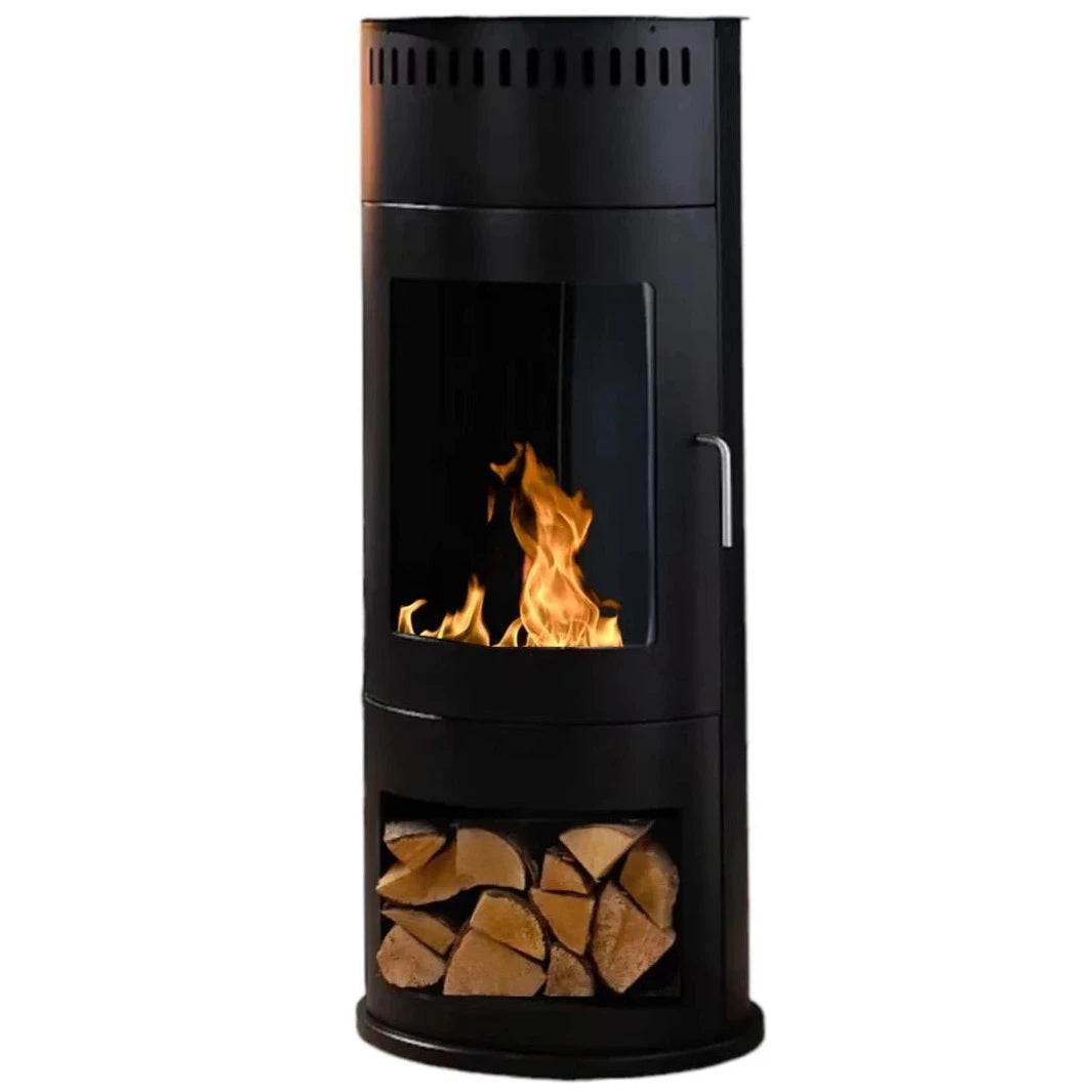 Freistehender Bioethanol Standkamin / Standofen HABEO - rund, schwarz, mit Glastür und Dekofach