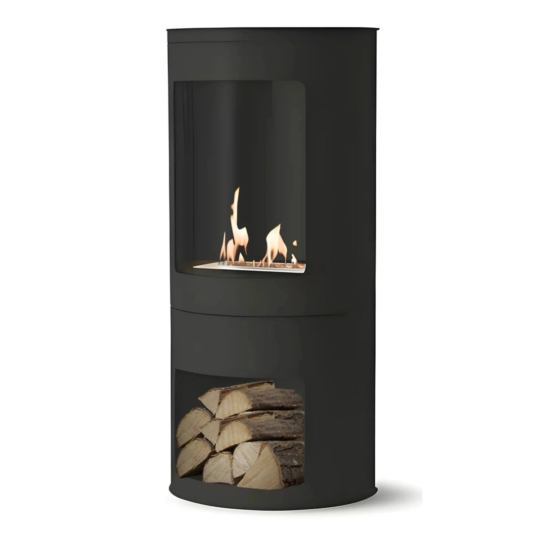 Freistehender Bioethanol Standkamin Standofen TOKYO mit Glastür in Schwarz und mit Fach für Holz Deko
