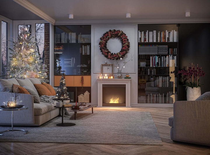 Bioethanol Standkamin Standofen "PORTAL" von InFire SimpleFire cozy modernes Wohnzimmer in Weihnachtsstimmung