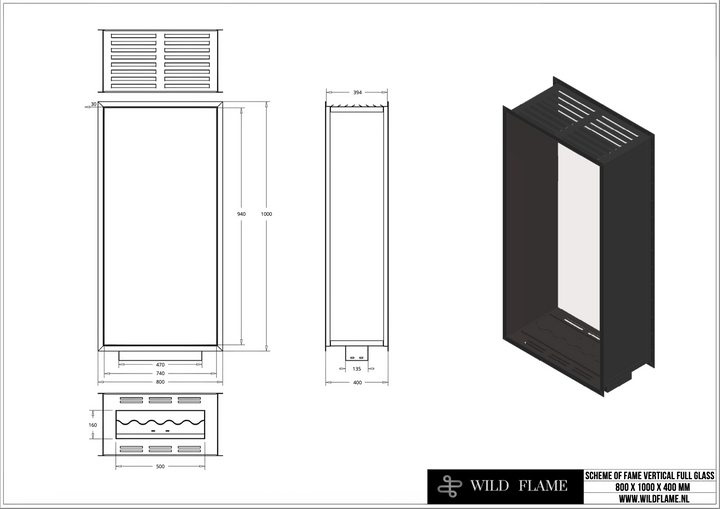 Technische Zeichnung für Bioethanol Einbau Kamin Zweiseitig und Vertikal für Raumteiler mit Vollverglasung Vollglas FAME 80x100cm von Wild Flame